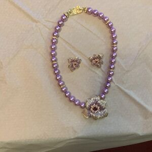 Purple Beaded Necklace and Earring Set